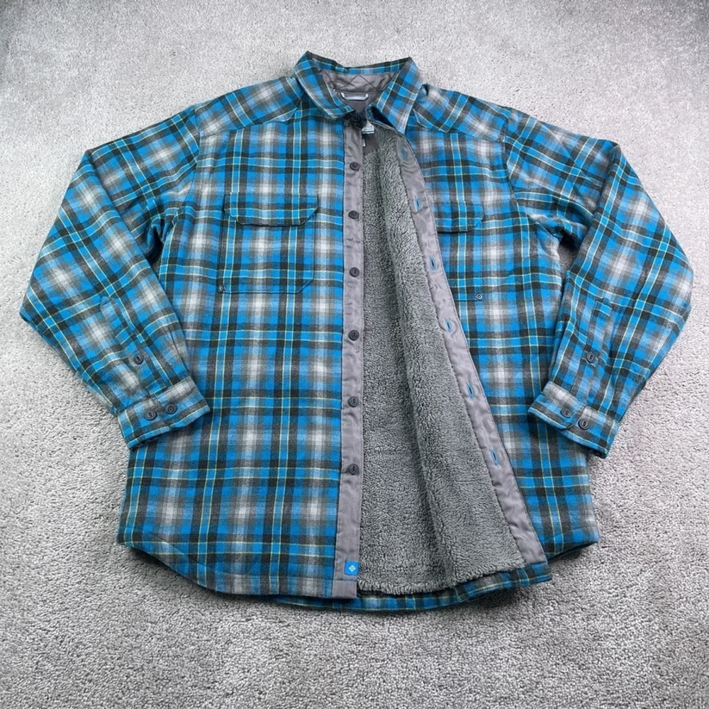 Columbia Shirt Jacket Mens Large Blue‎ Wool Blend Flannel Fleece Lined Shacket